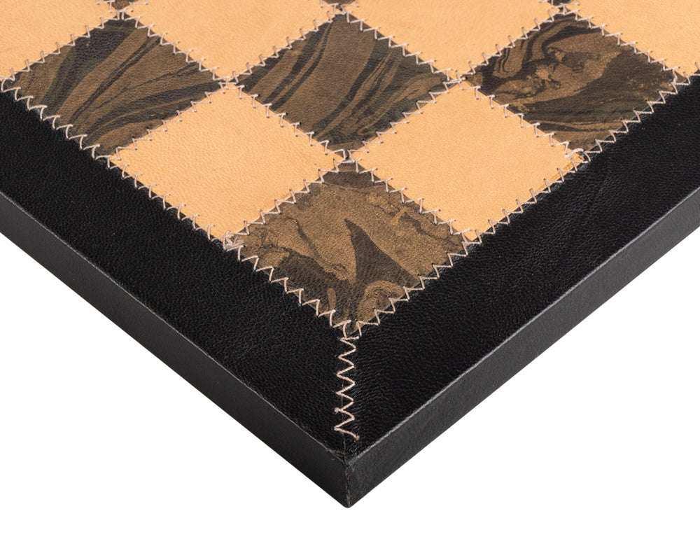 Close-up of 16.5 inch Saluzzo genuine leather luxury chess board handmade in Italy by Italfama