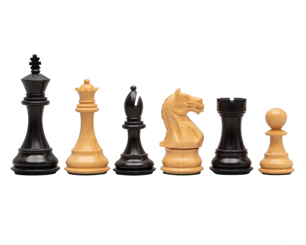 Fierce Knight Ebonised Chessmen 4 Inch set - black and natural colored wooden chess pieces, including king, queen, bishop, knight, rook, and pawn
