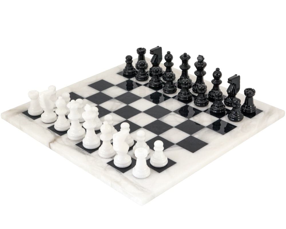 Black and White Alabaster Chess Set 14.5 Inches, Crafted in Italy with Natural Alabaster, Unique Textures, Luxury Chessboard by Scali Alabastro