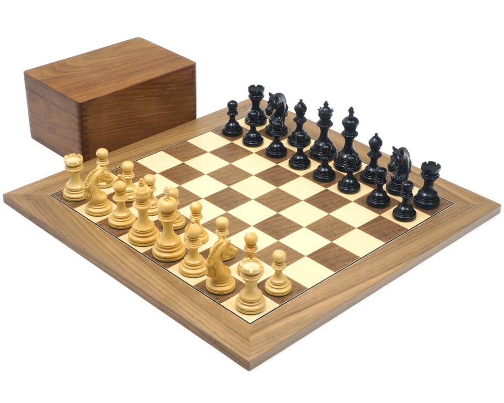 The Garvi Ebony and Walnut Luxury Chess Set with 4 inch king and 19 inch Spanish board, featuring handcrafted ebony chessmen and solid wood storage box