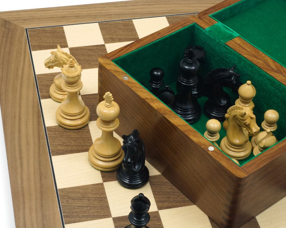 The Garvi Ebony and Walnut Luxury Chess Set with handcrafted Staunton design pieces and a 19-inch Spanish board