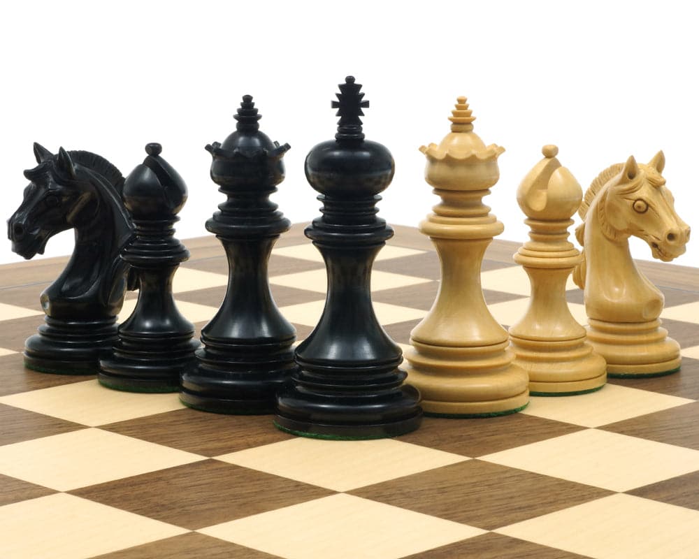 The Garvi Ebony and Walnut Luxury Chess Set pieces on 19-inch Spanish board