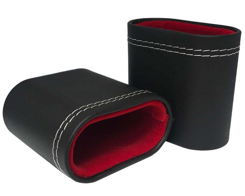 Black imitation leather dice cup set with red interior and white stitching. Perfect for tabletop gaming and dice rolling enthusiasts.