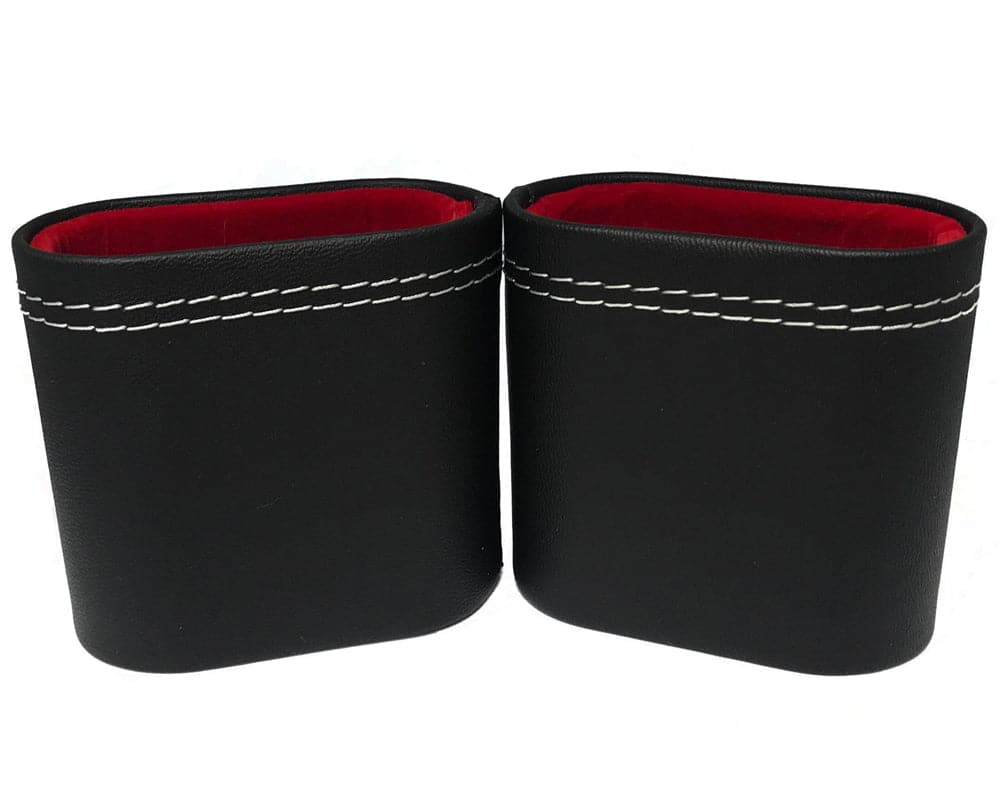 Black imitation leather dice cup set with red interior and white stitching detail