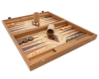 Luxe Backgammon-set van olijfhoutburl door Manopoulos, met houten Backgammon-bekers