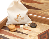 Luxe Backgammon-set van olijfhoutburl door Manopoulos, met houten Backgammon-bekers