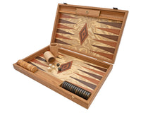 Luxe Backgammon-set van olijfhoutburl door Manopoulos, met houten Backgammon-bekers