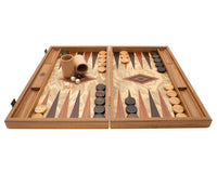 Luxe Backgammon-set van olijfhoutburl door Manopoulos, met houten Backgammon-bekers