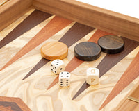 Luxe Backgammon-set van olijfhoutburl door Manopoulos, met houten Backgammon-bekers