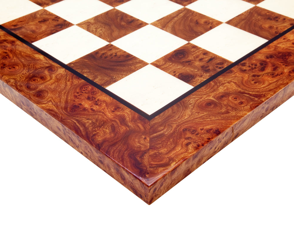 Close-up of a 23.6 inch luxury chess board made with Italian briarwood and elmwood, featuring a high gloss finish and 2.36 inch playing squares.