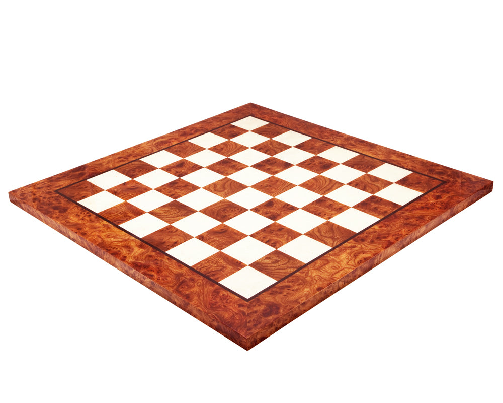 23.6 Inch Italian crafted briarwood and elmwood luxury chess board with high gloss finish and 2.36 inch playing squares.