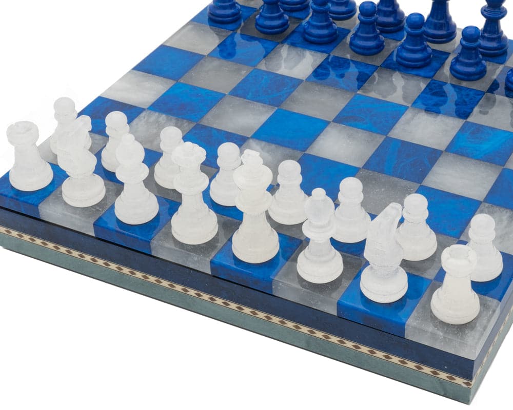 Blue and white alabaster chess set with inlaid wooden chest, handmade in Italy by Scali Alabastro.