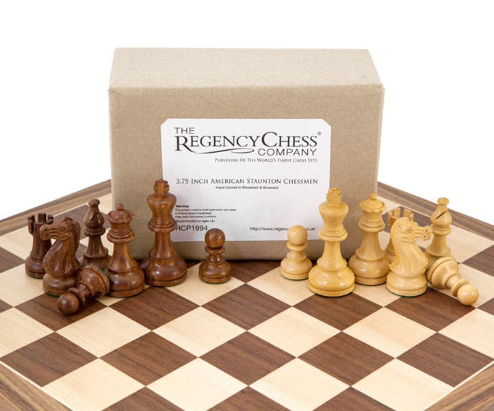 American Sheesham and Walnut Chess Set with 3.75-inch Staunton Chessmen on European Walnut and Maple Chess Board