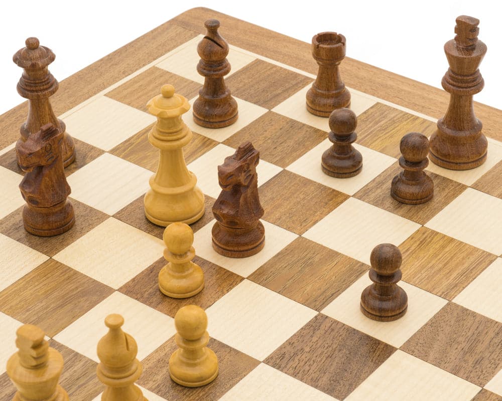 Close-up of Deluxe Hardwood Folding Travel 14 inch Chess Set with magnetic wooden pieces and board.