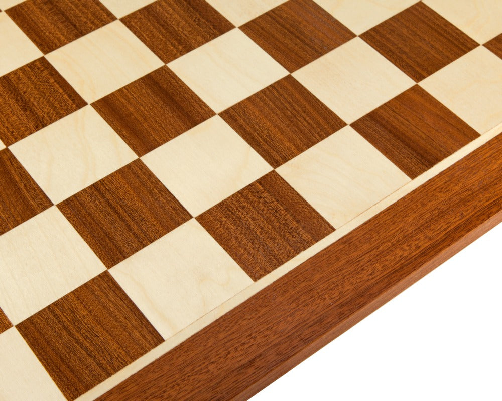 Close-up of the 19 Inch Inlaid Mahogany Chess Board with a traditional look, featuring a mahogany and maple checkered pattern.