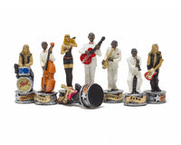 Jazzband vs Rocksterren – handgeschilderde thematische schaakstukken door Italfama