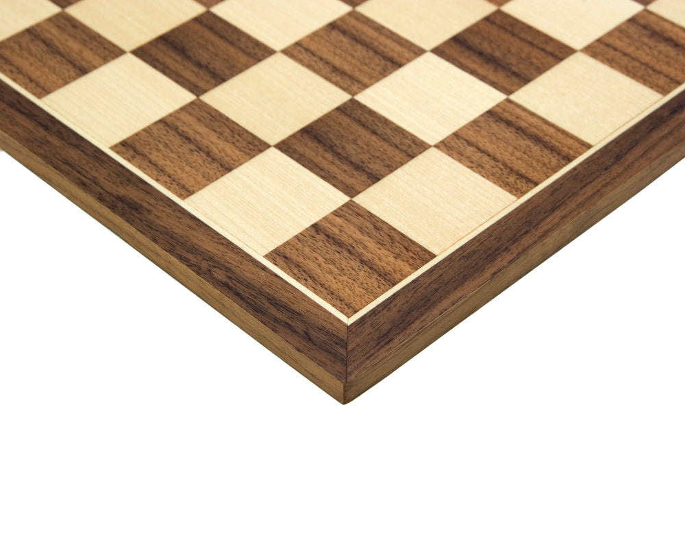 12.5 inch walnut and maple chess board with 1.35 inch playing squares, crafted in Spain by Rechapados Ferrer S.A.