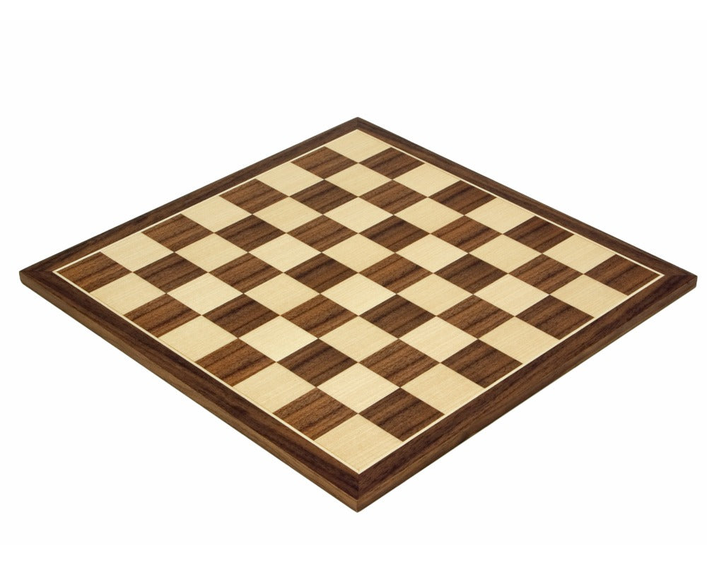 13.75 Inch high-quality Walnut and Maple chess board with 1.5 inch playing squares, crafted by Rechapados Ferrer S.A. in Spain.