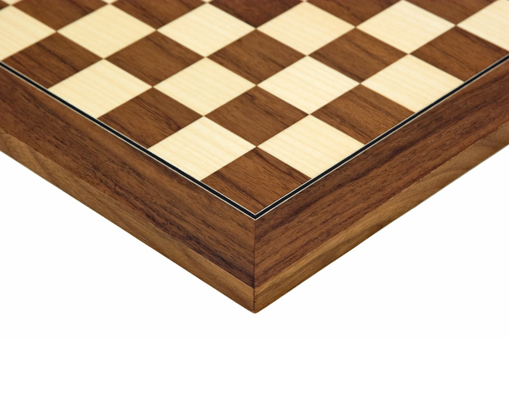 Close-up of 13.75 inch Walnut and Maple deluxe chess board with 1.38 inch playing squares by Rechapados Ferrer, crafted in Spain