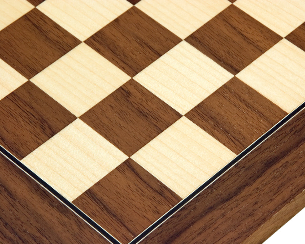 Close-up of Rechapados Ferrer 13.75-inch Walnut and Maple deluxe chess board with 1.38-inch playing squares, showcasing high-quality craftsmanship.