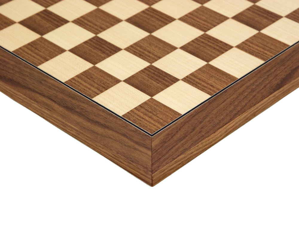 Close-up of a 15.75 inch deluxe Walnut and Maple chess board with 1.58 inch playing squares, crafted by Rechapados Ferrer, Spain.