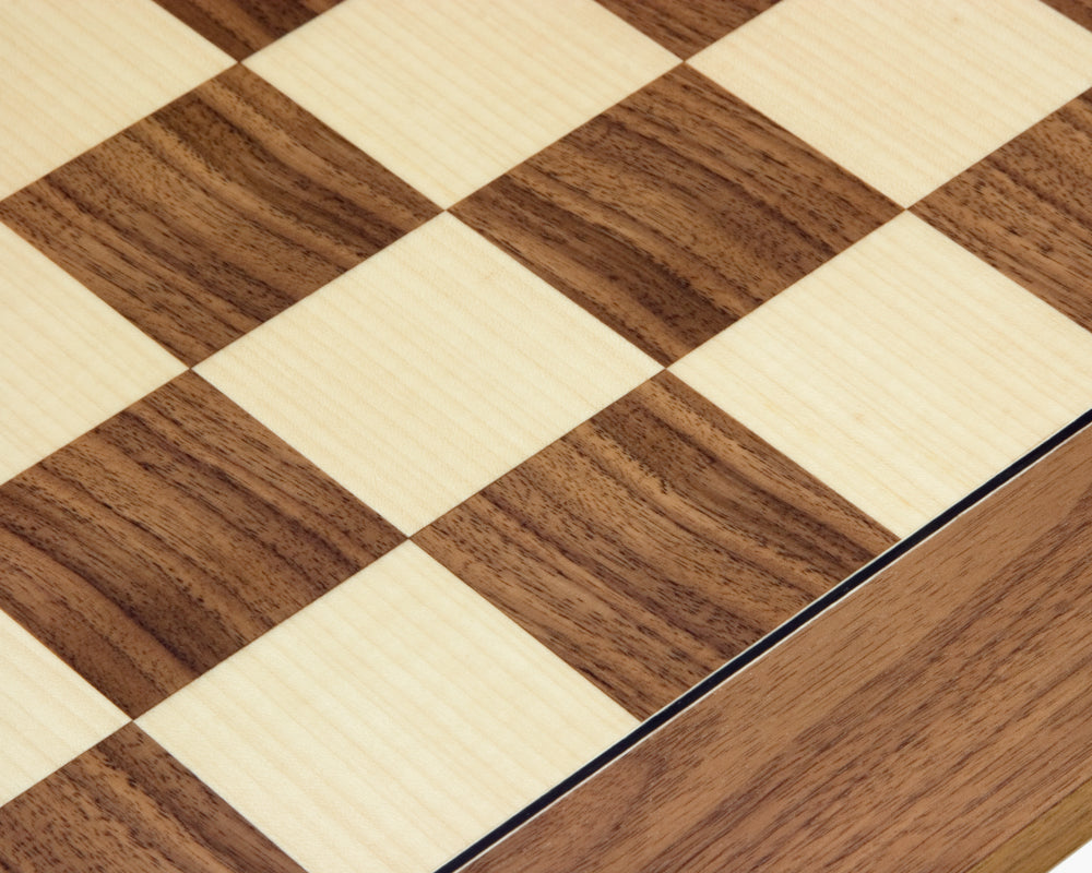 High-quality 21.7-inch walnut and maple deluxe chess board with 2.17-inch squares, crafted in Spain by Rechapados Ferrer S.A.