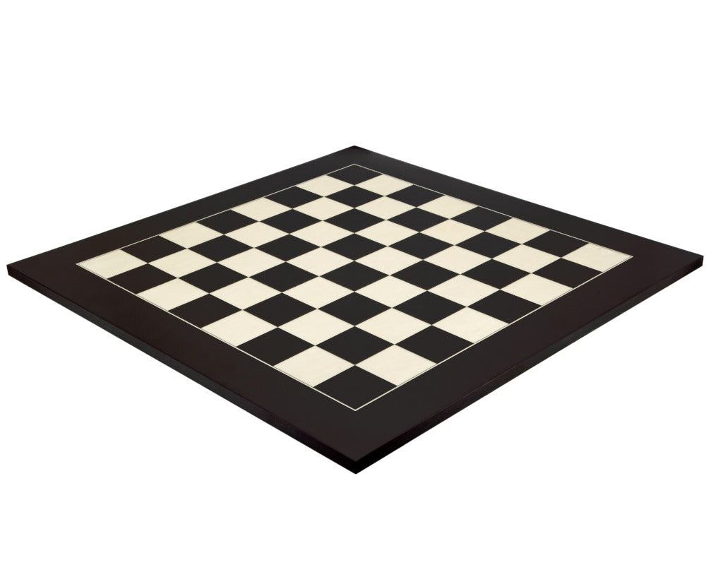 23.6 Inch Matt Black and Maple Deluxe Chess Board crafted in Spain with 2.36-inch squares, ideal for a 4-inch king. High-quality veneer construction.