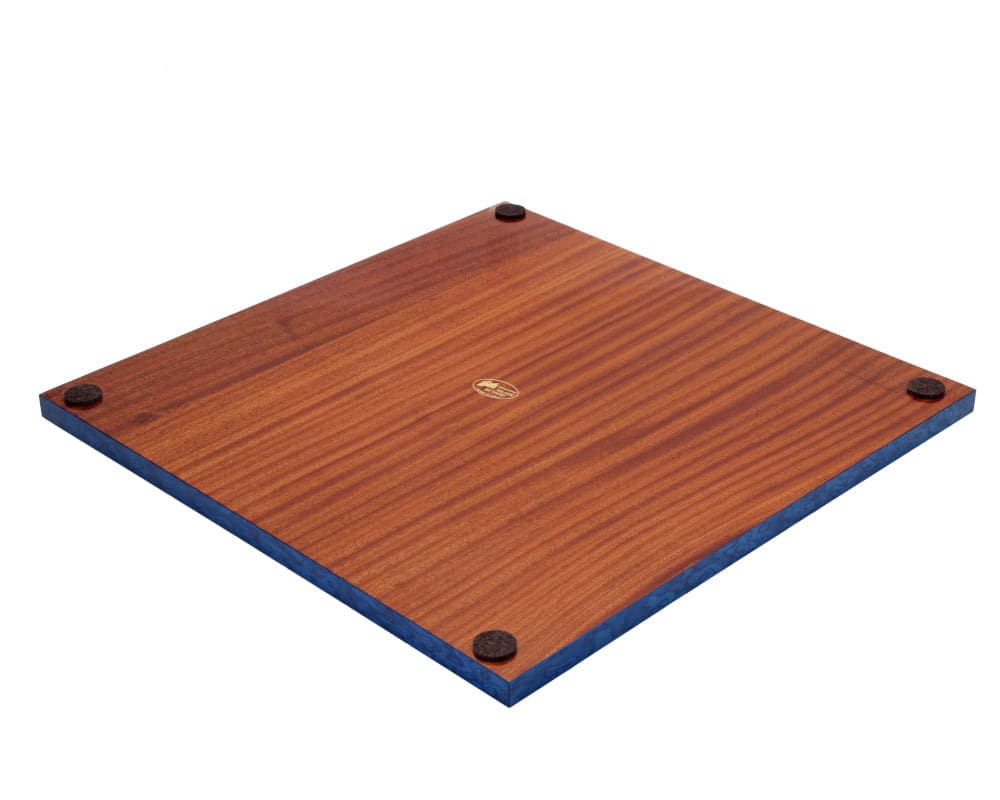 Bottom view of 16.5 Inch Blue Erable and Elm Wood Chess Board with high-gloss lacquer finish and felt pads for stability. Beautifully crafted in Italy.