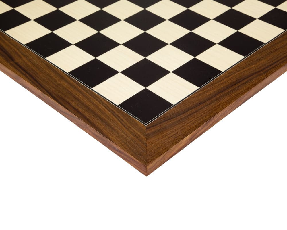 Close-up of 19.7 Inch Black Anegre and Palisander Deluxe Chess Board with high gloss finish and 2 inch playing squares.