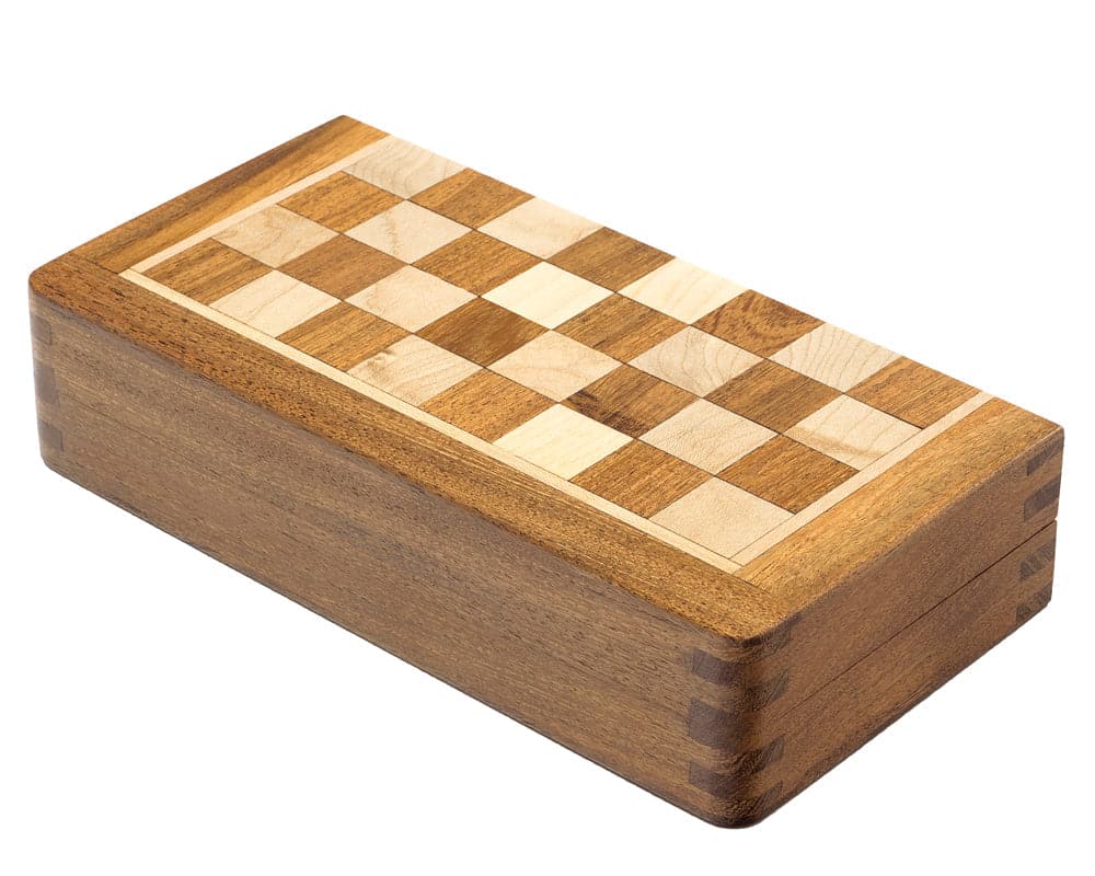 Deluxe 7.5 inch hardwood folding travel chess set inlaid with separate wood squares, top view.