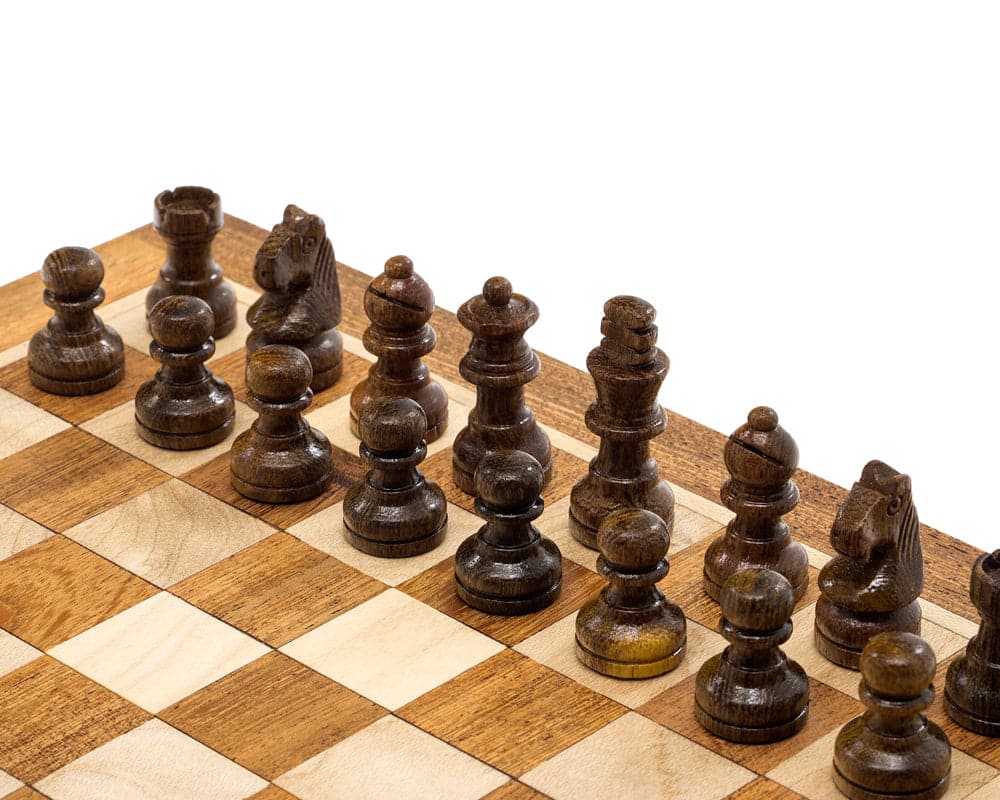 Deluxe hardwood folding travel chess set with magnetic pieces on a beautifully inlaid wooden board.