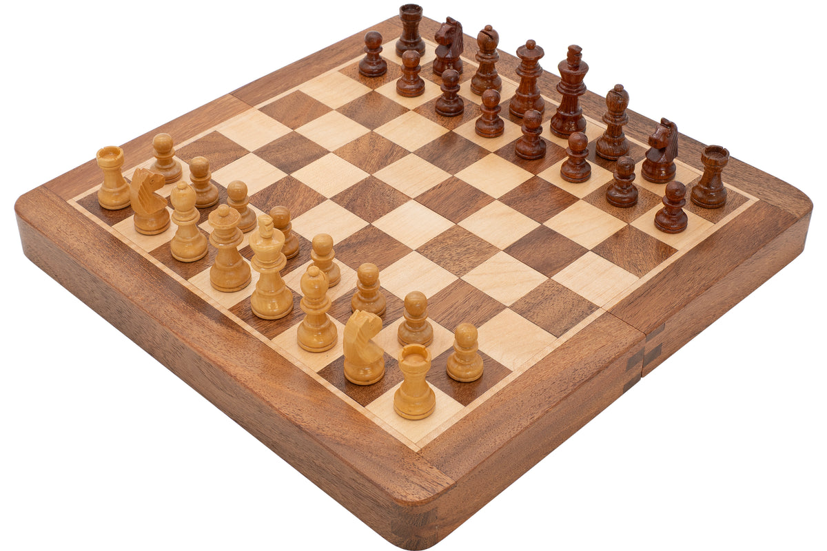 Deluxe opvouwbare hardhouten reisschaakset 25 cm met magnetische schaakstukken