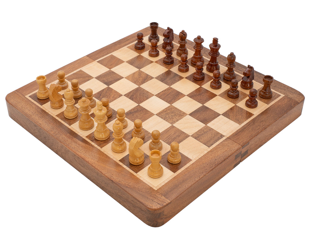 Deluxe opvouwbare hardhouten reisschaakset 25 cm met magnetische schaakstukken