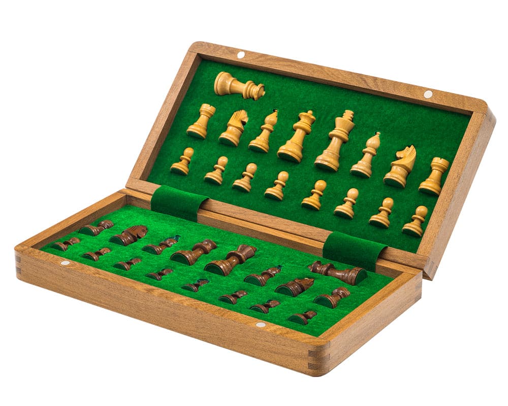 Deluxe hardwood folding travel chess set with magnetic closing mechanism and pieces, open to display hand-crafted, detailed chessmen on green felt background.