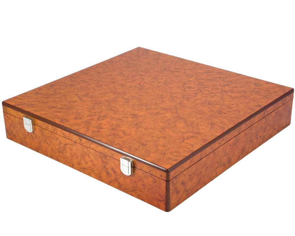 Root Wood Burl Luxury Compartment Chess Piece Case with Chrome Plated Clasps and Felt Lining, 17 Inches