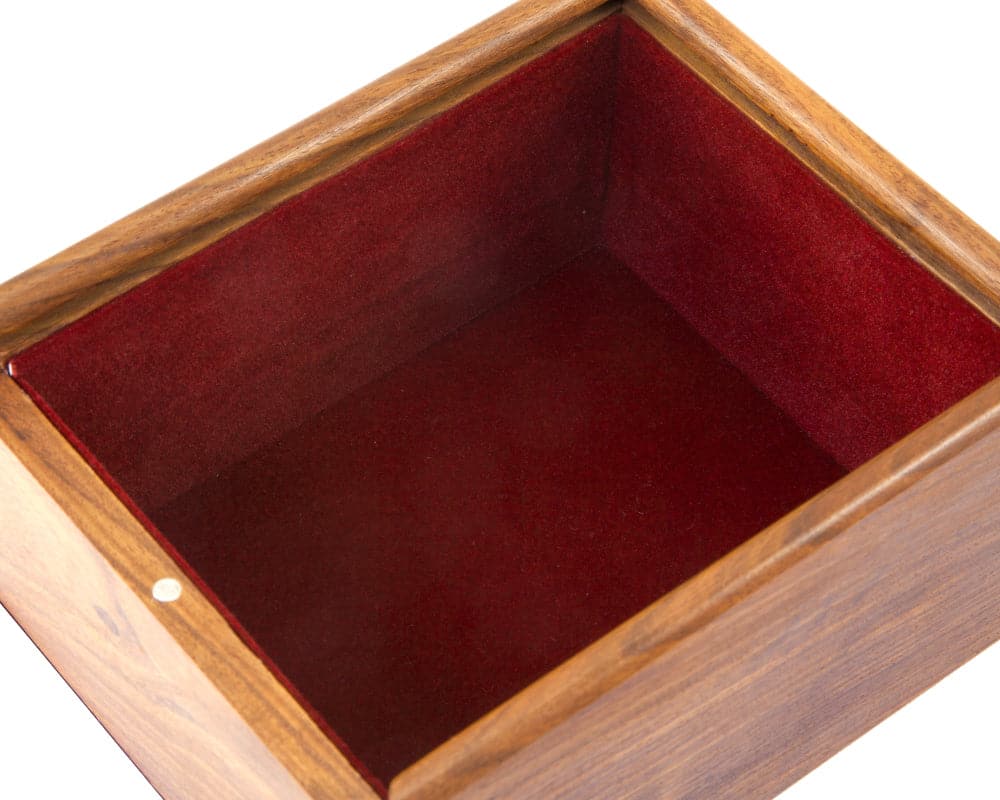 Wooden chess piece case with a luxurious deep red velvet interior and a magnetic sliding lid for secure storage.