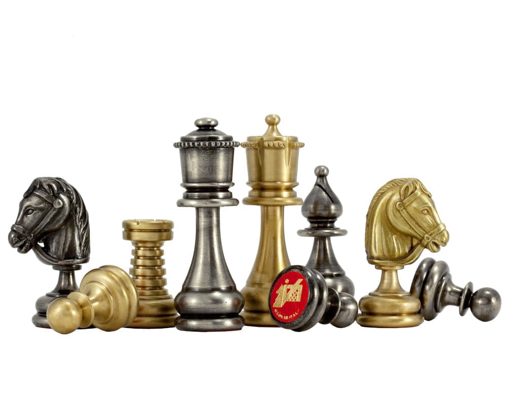 Verona Series 2.75" Brass and Nickel Chess Pieces featuring Shakespearean motifs and Staunton design, beautifully crafted in Italy.