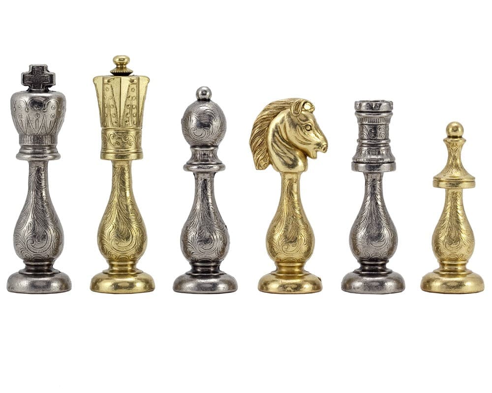 Maghreb Brass and Nickel Chess Pieces 4 Inches, Italian Craftsmanship with Filigree Detail, Perfect for 19-20" Boards