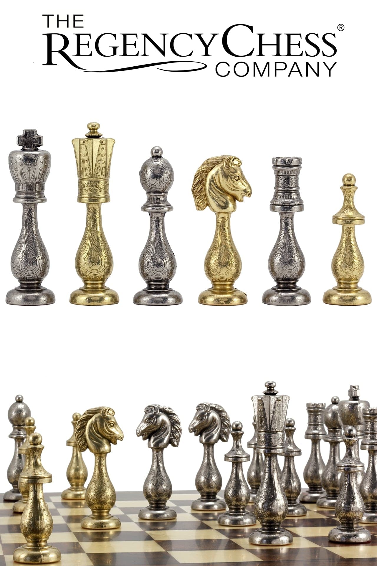 Maghreb Brass and Nickel Chess Pieces 4 Inches with Intricate Filigree, Perfect for 19 or 20 Inch Board, Crafted in Italy