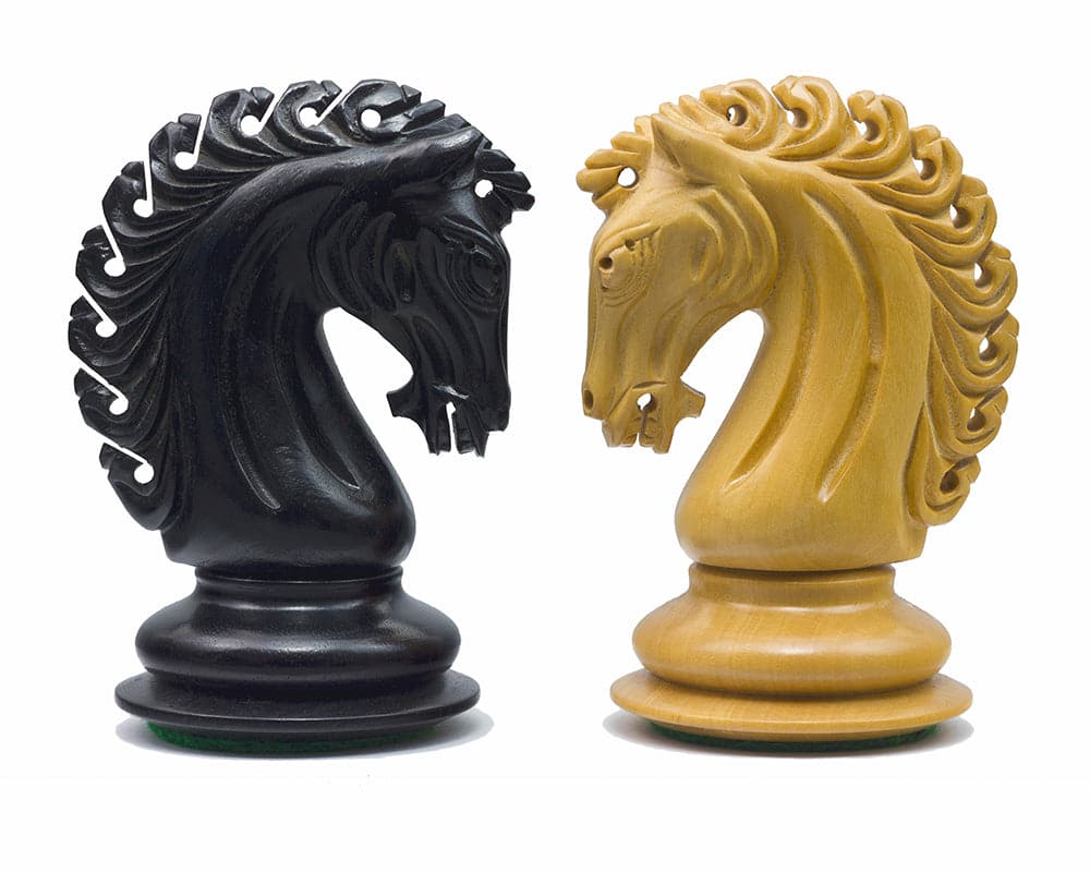 Ornate ebony and ivory Empire Knight chess horsemen, 4.5 inch handcrafted wooden chess pieces, perfect for a 21.7 inch board.