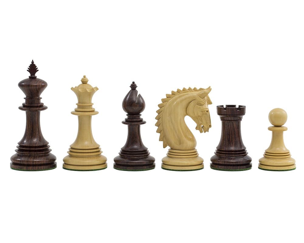 The Lemington Rosewood Chessmen, handcrafted with ornate detail, 4.25 inch king and additional queens, ideal for 21 inch board.