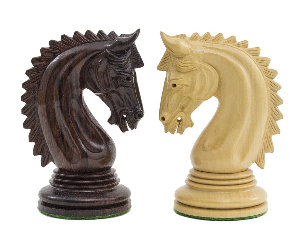 Handcrafted rosewood and lighter wood knight chess pieces from The Lemington Rosewood Chessmen set, featuring detailed ornate carving.