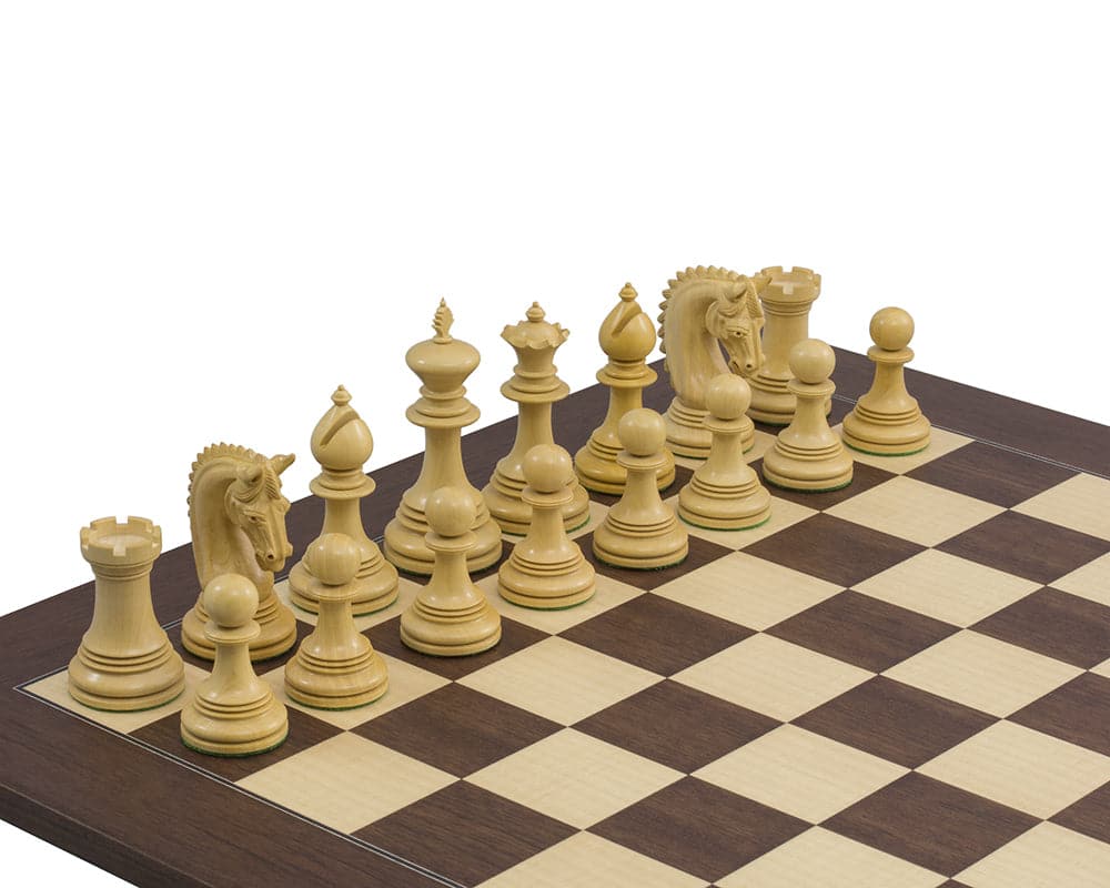 The Lemington Rosewood Chessmen set with intricately detailed pieces on a wooden chessboard.