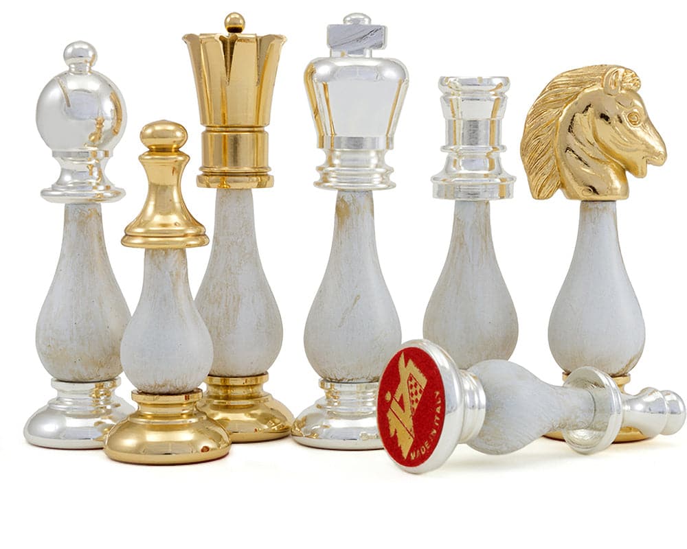 The San Severeo 24 Carat Gold and 990 Silver Plated Chessmen set featuring luxurious and durable pieces crafted in Italy.