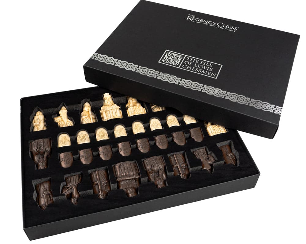 Regency Chess Official Isle of Lewis chessmen set in black box, with handcrafted resin pieces displayed neatly.