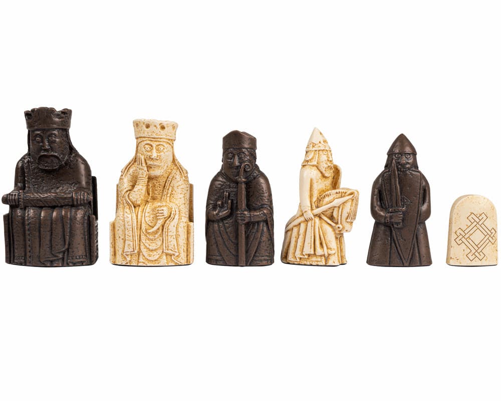 Handcrafted Regency Chess Official Lewis Chessmen Set pieces made from crushed stone resin in black and ivory, detailed and polished.