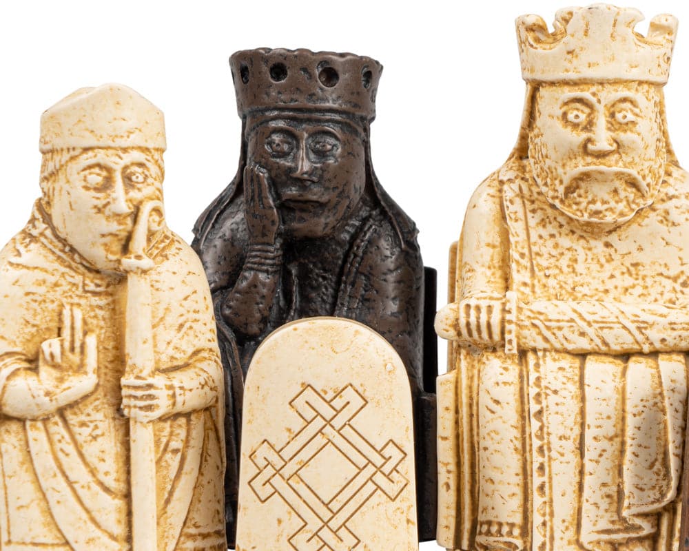 Official Isle of Lewis chessmen set by Regency Chess featuring hand-made, precisely replicated chess pieces in crushed stone resin