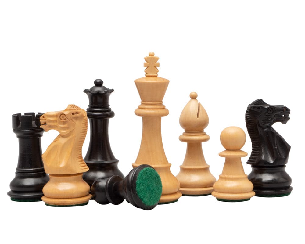 Classic Staunton chessmen ebonised 3.5 inch, traditional design, superb quality boxwood pieces, weighted and felted, includes two extra queens.