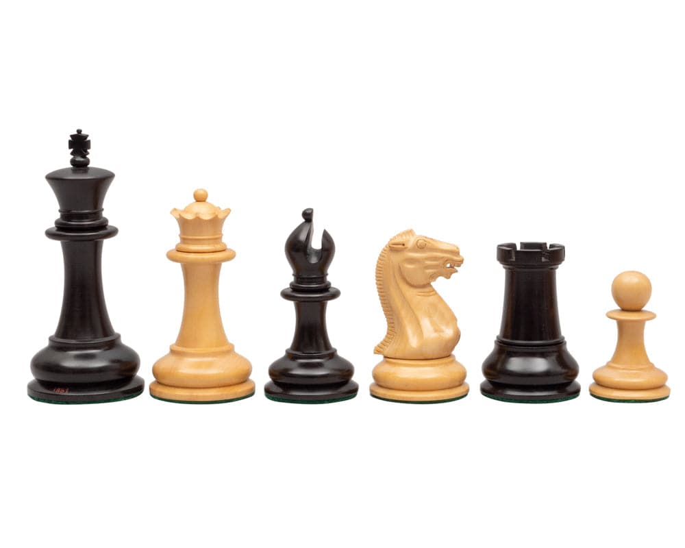 1851 Reproduction Staunton Ebony Chessmen 4.4 inch – High-quality, handcrafted chess pieces in ebony and boxwood with detailed finish and felted bases.