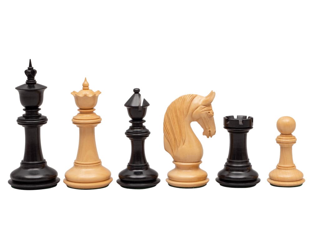 Blackburne Luxury Ebony Chess Men 4.5 inch set with detailed handcrafted pieces and perfectly weighted bases on display.